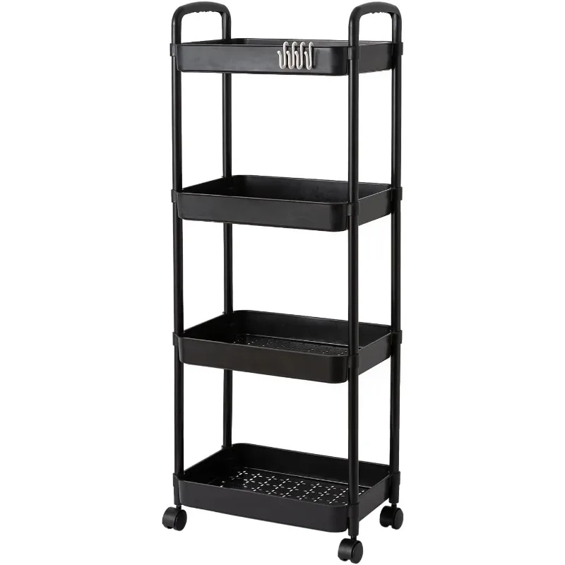 4 Tier Rolling Cart with Wheels and Handle,Rolling Storage Cart for Office, Living Room, Laundry Room,Kitchen,Bathroom,Black