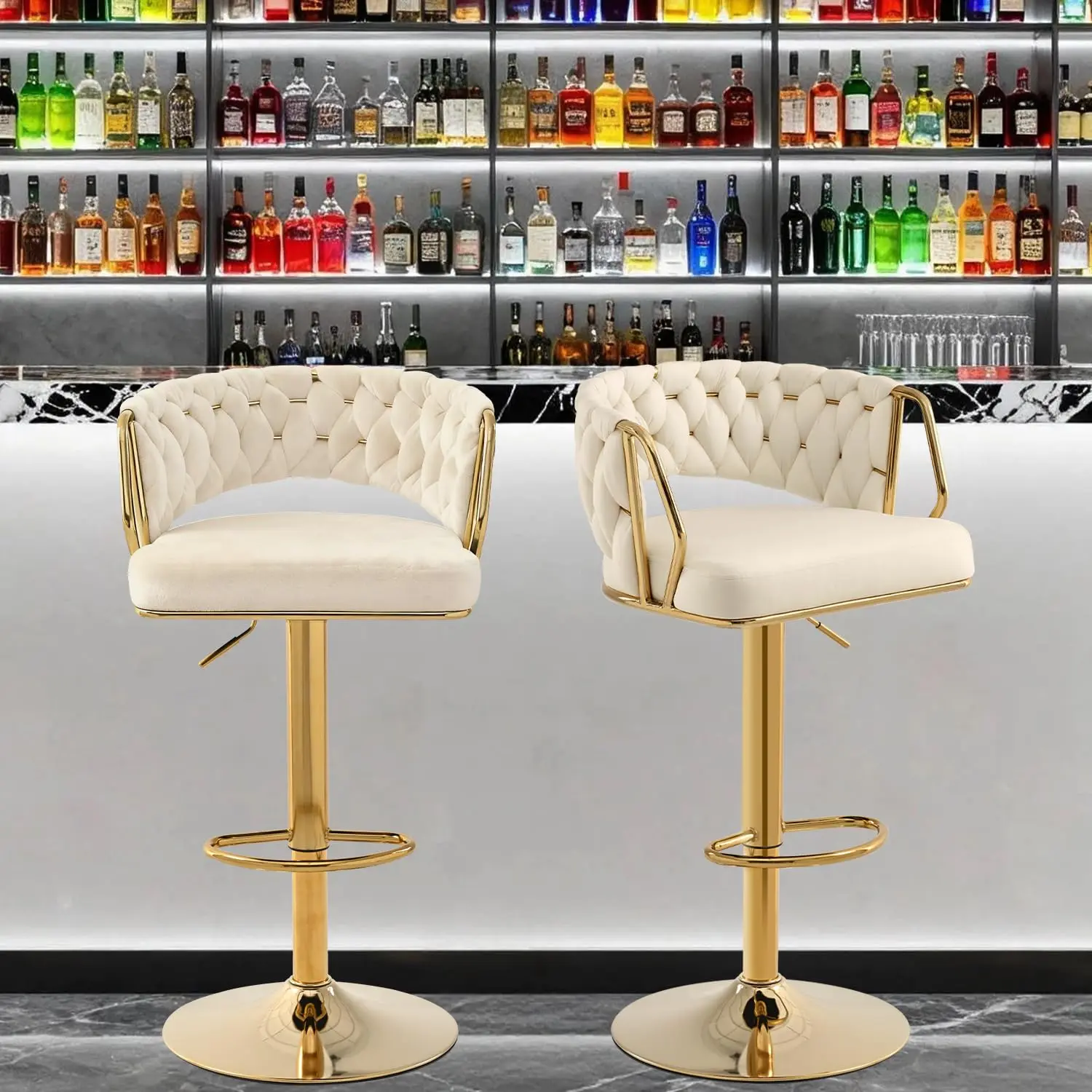 

Velvet bar stools Set of 2,Modern Swivel Barstools with Woven Backrest,Adjustable bar stools,Gold bar stools Gold, Customized