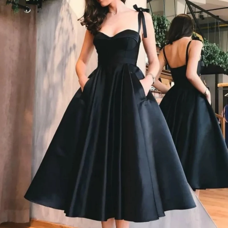 Customized Elegant Simple Women Ceremonial Dress Luxury Satin Solid Lace Up Bow Sleeveless For Wedding Evening Dresses Mid-lengt