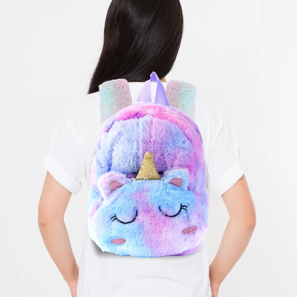 Unicorn Plush Girls Small Backpack Cartoon Kawaii Soft Fur Schoolbag Fashion Gradient Color Casual Simple Portable Children Gift