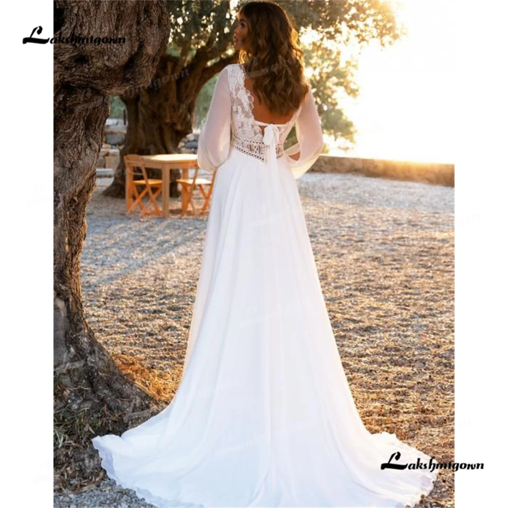 Lakshmigown Vestido de novia línea A con cuello en V 2025, vestido de novia de cola de corte de manga larga, vestidos de novia personalizados