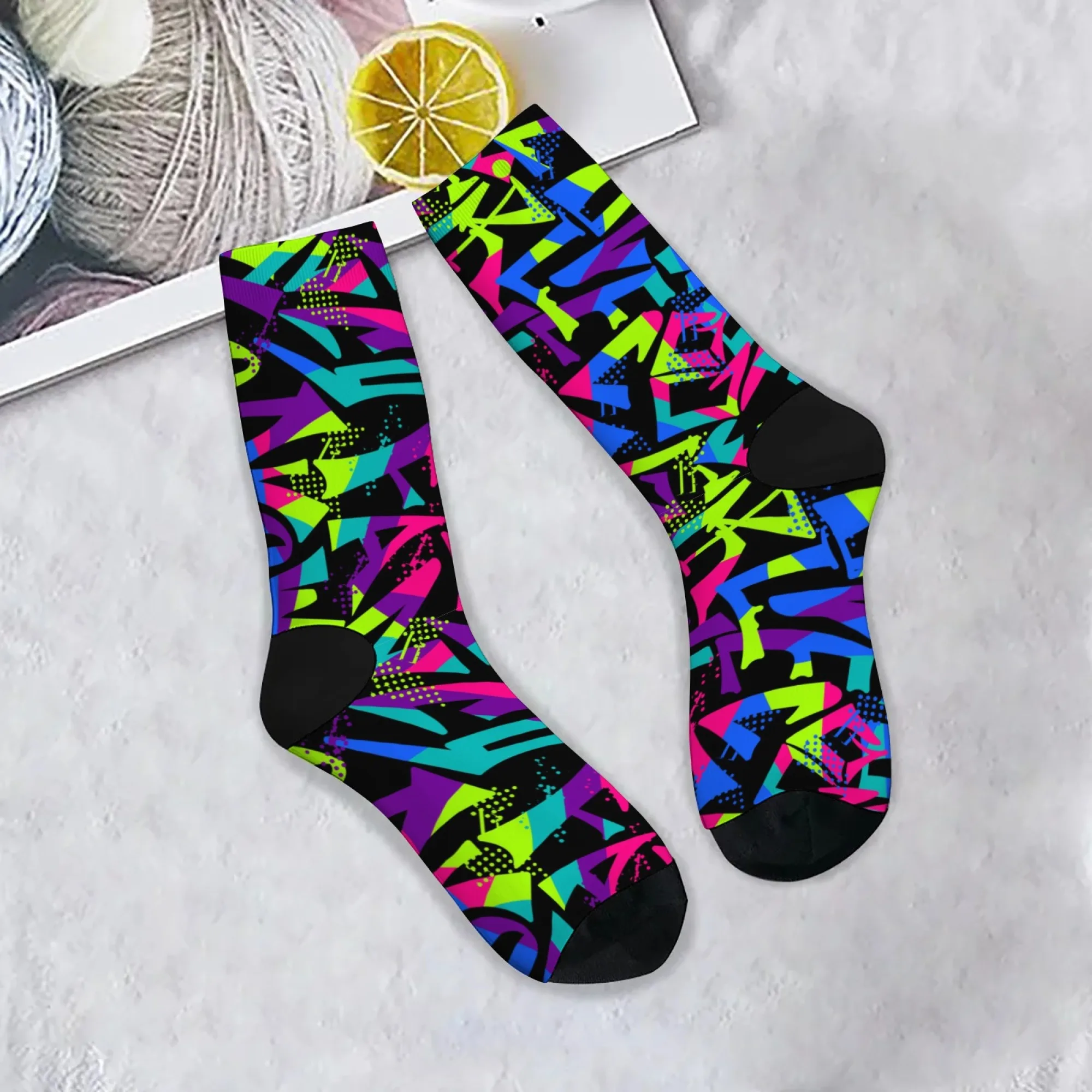 

Neon Cool Abstract Art Men's Socks Retro Street Hip-Hop Fashion Socks Gift Breathable Anti-Slip Novelty Funny Compression Socks