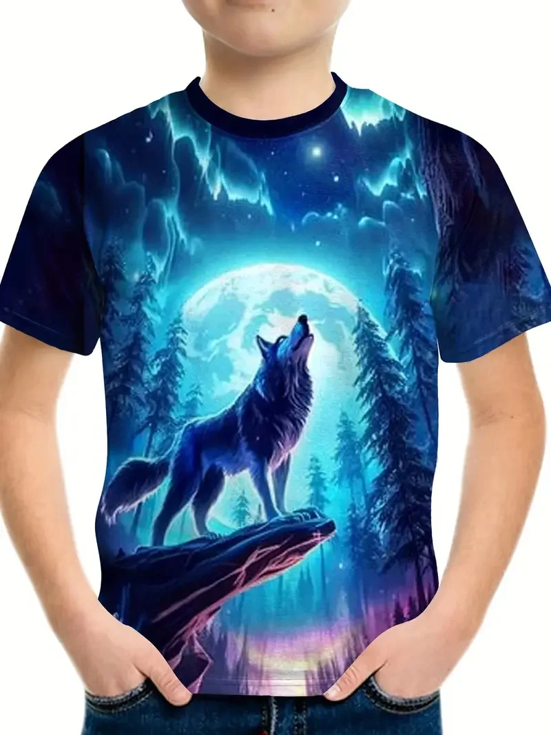 2024 Retro Wolf 3d Print Top Tee Shirt Fashion T Shirt Animal Kids Boy Clothes Anime Short Sleeve Casual Odzież dziecięca