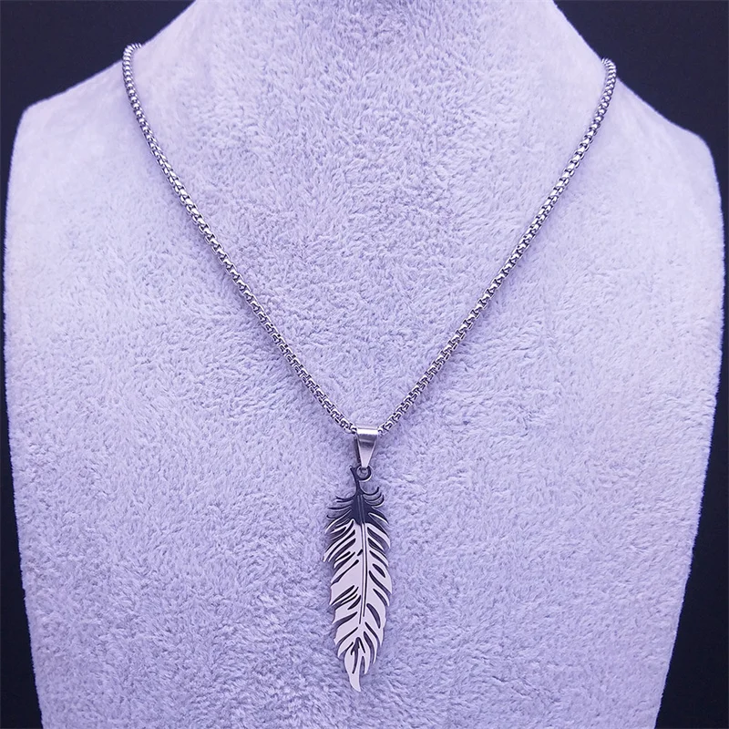 Boho Feather Pendant Male Necklace for Women Men Stainless Steel Silver Color Leaf Chain Jewelry Gift collar hombre N3393S01