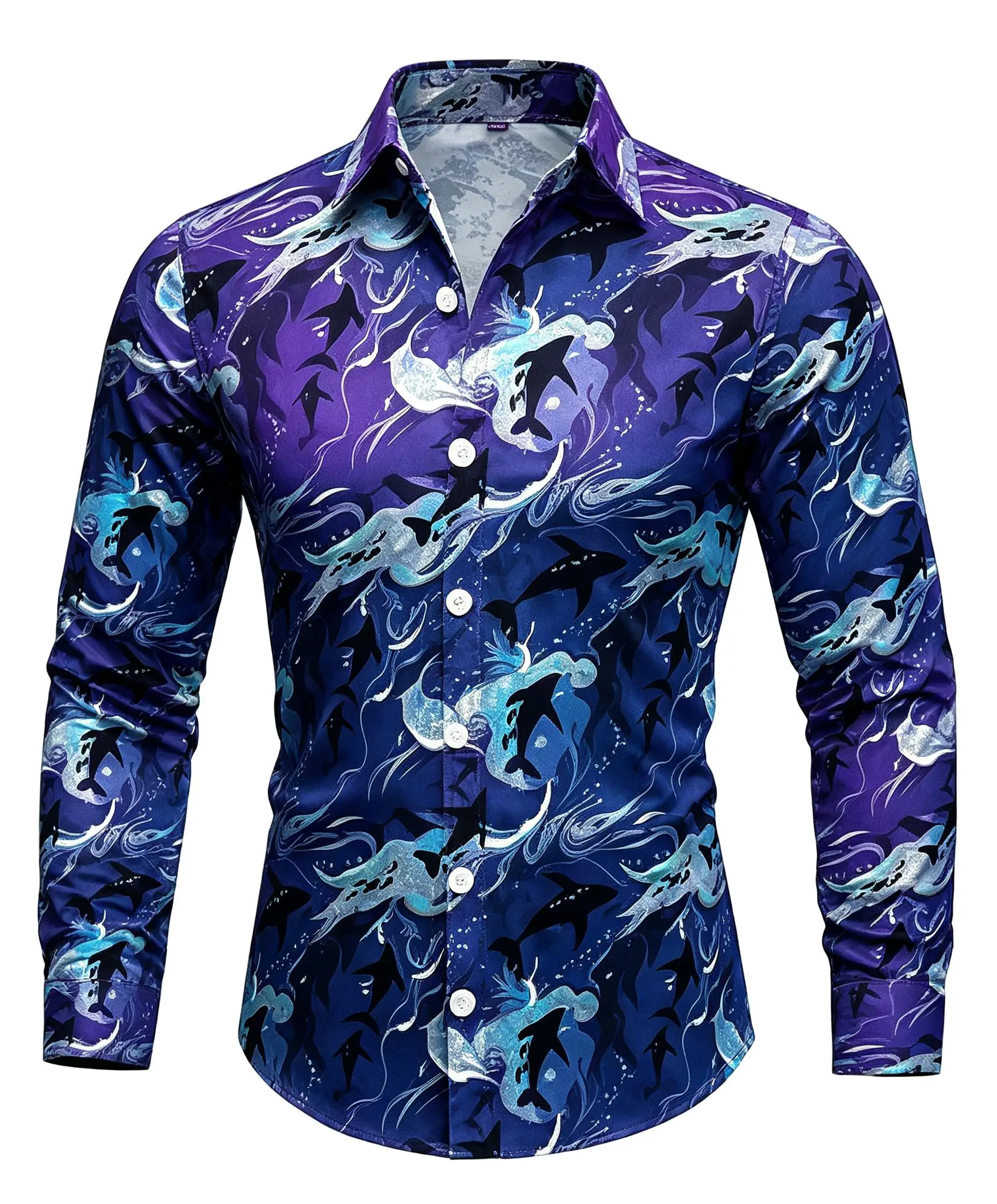 Men Long-Sleeve Button-Down Shirt Purple Black Bat Smoke Skull Print Polyester Lapel Collar Halloween Party Top
