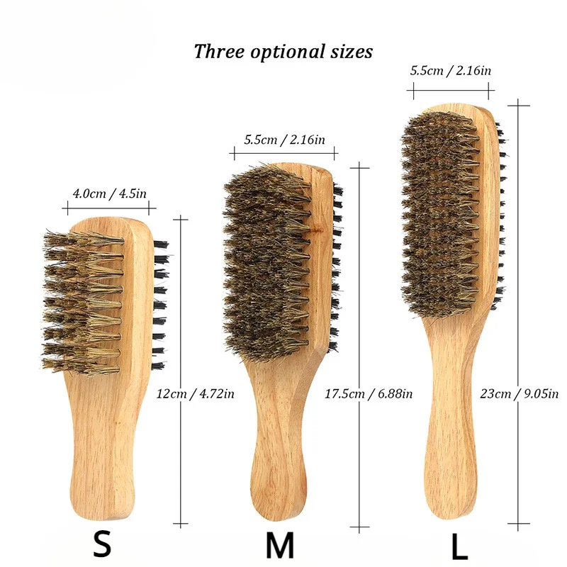 1PC Men Boar Bristle Hair Brush S/M/L Natural Wooden Wave Brush for Male Beard Hairbrush Dual-purpose Double-sided Beard Brush