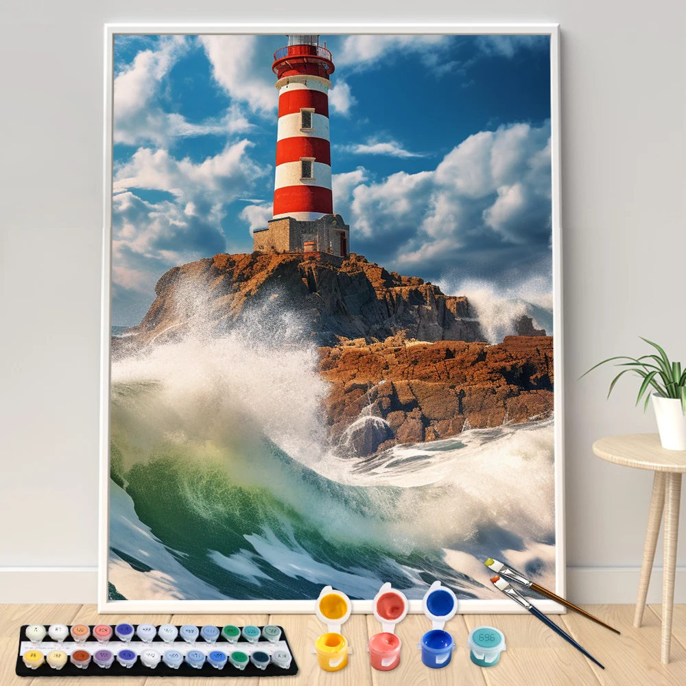 Hand Painted Lighthouse Landscape with Waves Crashing Acrylic Painting By Numbers Kit DIY Artwork Canva Art Gift Home Decoration