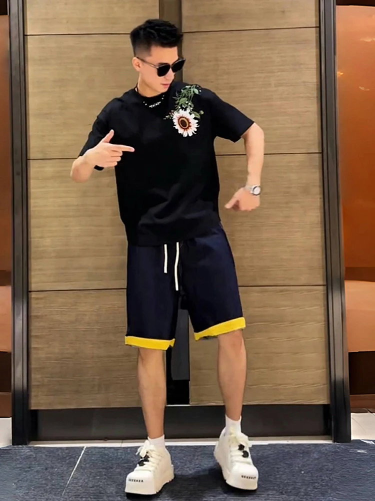 Summer New Floral Embroidery Short Sleeve Shorts Set Men's Fashion Loose Versatile Half Sleeve Denim Five-Point Pants