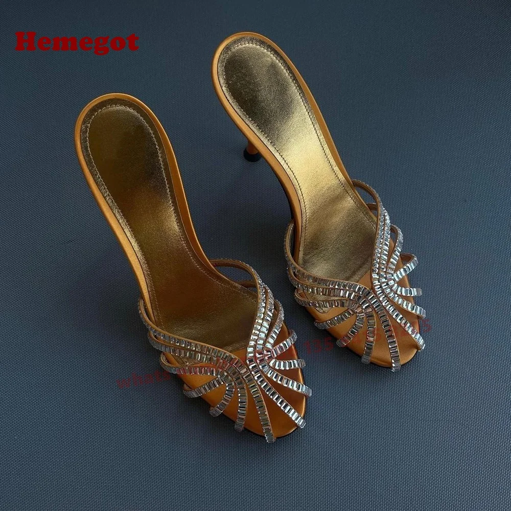 Rhinestones Stiletto Heels Slippers Hollow Out Slip On Women's Slippers 2025 New Beige Crystals Bling Summer Party Shoes Sexy