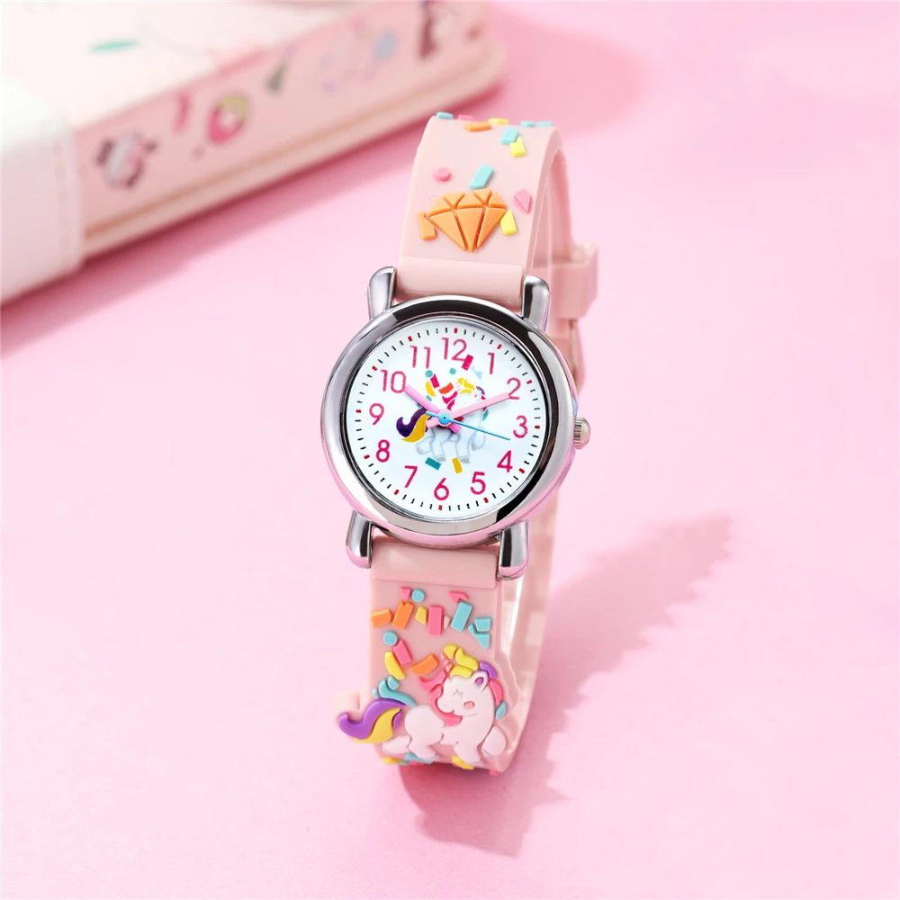 Cartoon 3D Colorful Unicorn Children's Watch Diamond-shaped Pattern Quartz Watch Student Silicone Strap Wristwatch