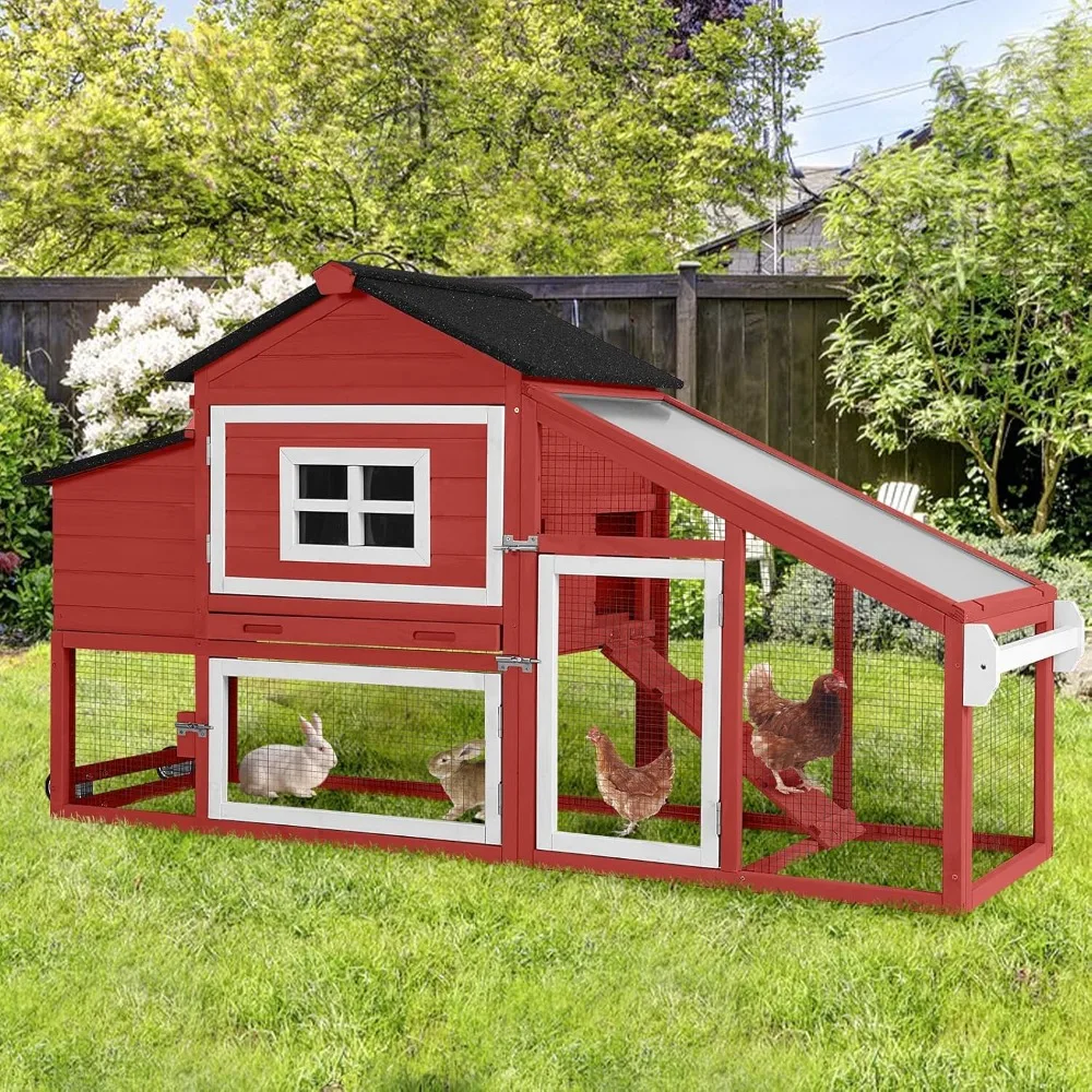 

Chicken Coop with Wheels, Outdoor Hen House with Leak-Proof Tray, UV-Resistant Roof & Nesting Box for Chickens, Ducks, Ra