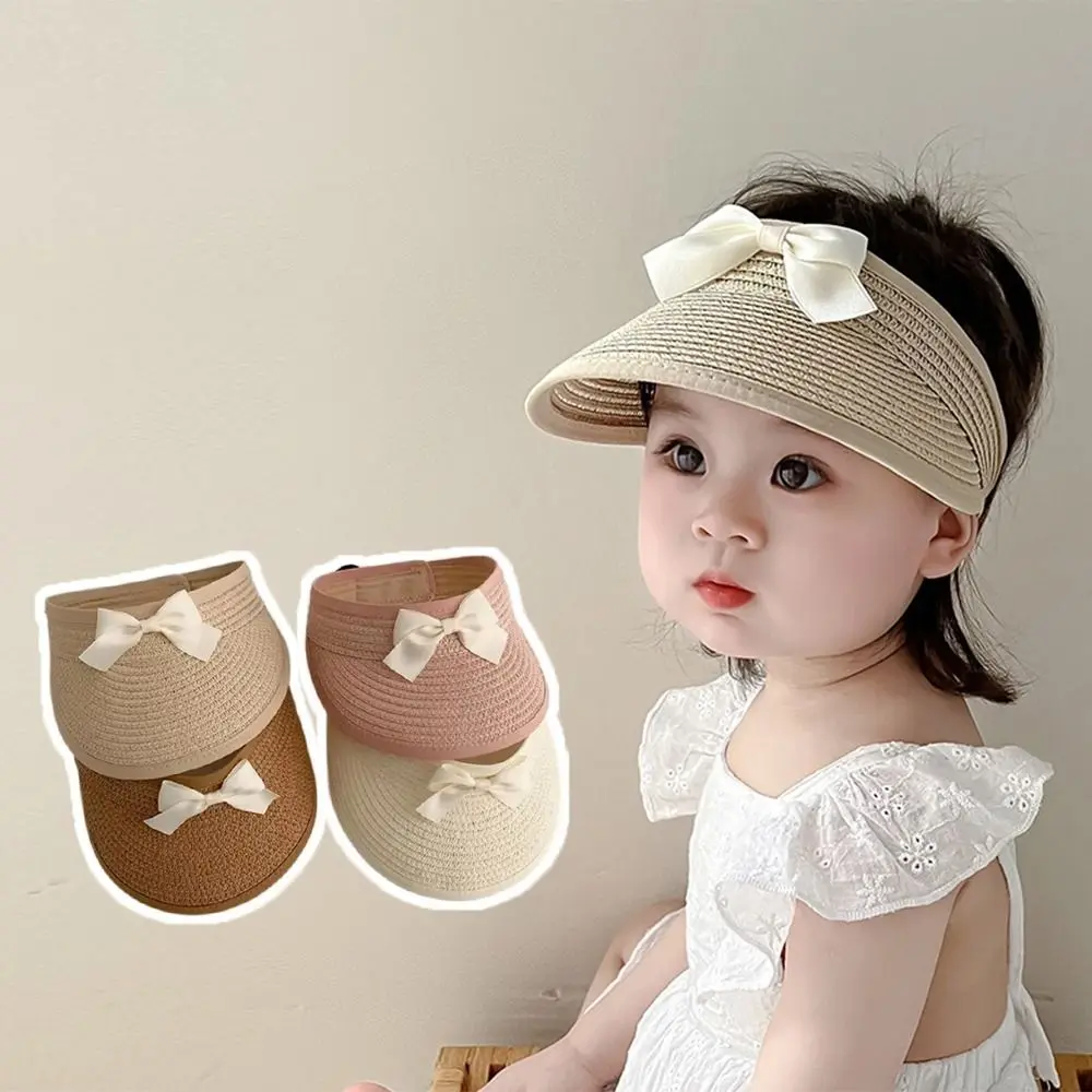 

Breathable Korean Baby Straw Caps Anti-UV Empty Top Bow Straw Hat Wide Brim Sun Protection Visor Cap 5-36 Months