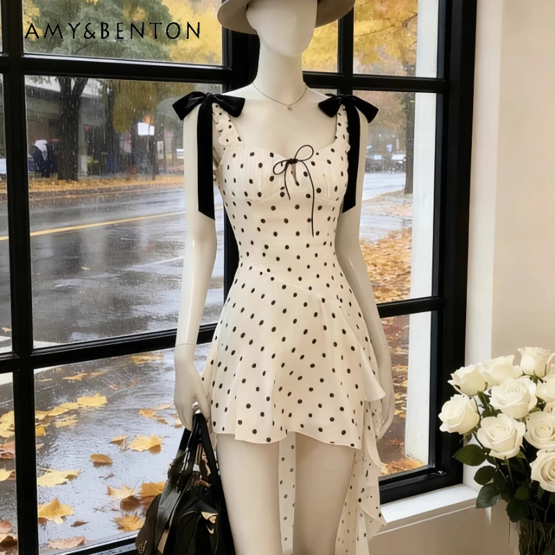 

French Style Sweet Polka Dot Women's Camisole Dress 2026 Summer New Model Bow Holiday Backless Irregular Long Dresses Ladies