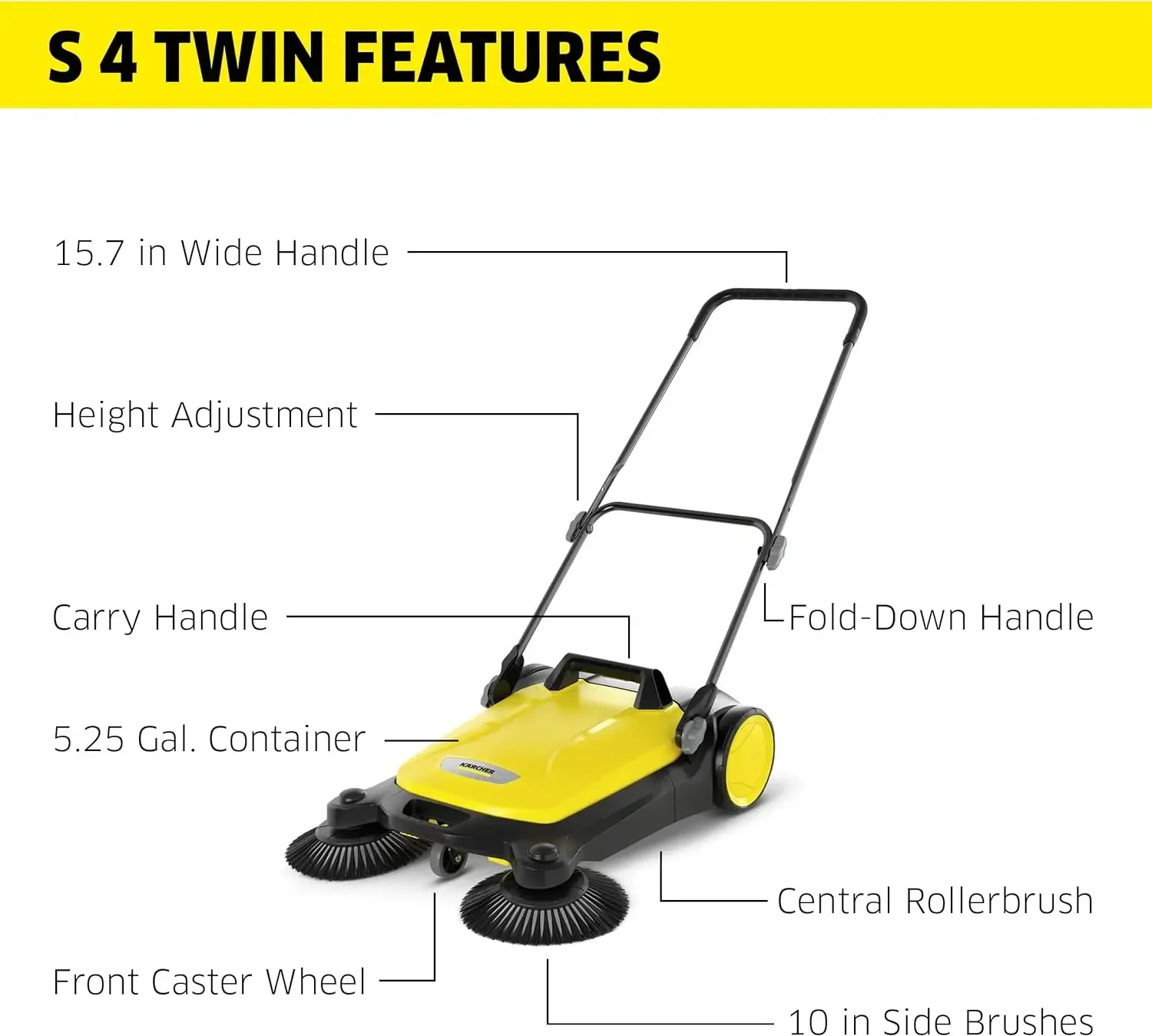 4 Twin Walk-Behind Outdoor Hand Push Sweeper-5.25 Gallon Capacity-26.8