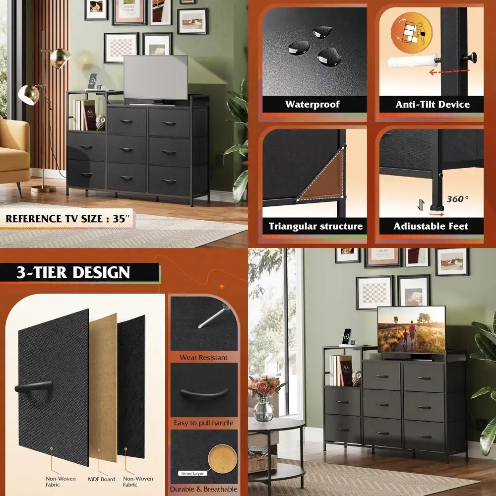 

Зарядная станция Подставка для телевизора с тканевым развлекательным центром с 8 ящиками, деревянная верхняя медиаконсоль для гостиной и прихожей