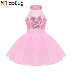 Kids Girls Sleeveless Sequins Ballet Dance Dress Mesh Tutu Gymnastics Leotard Ballerina Costume Dancewear