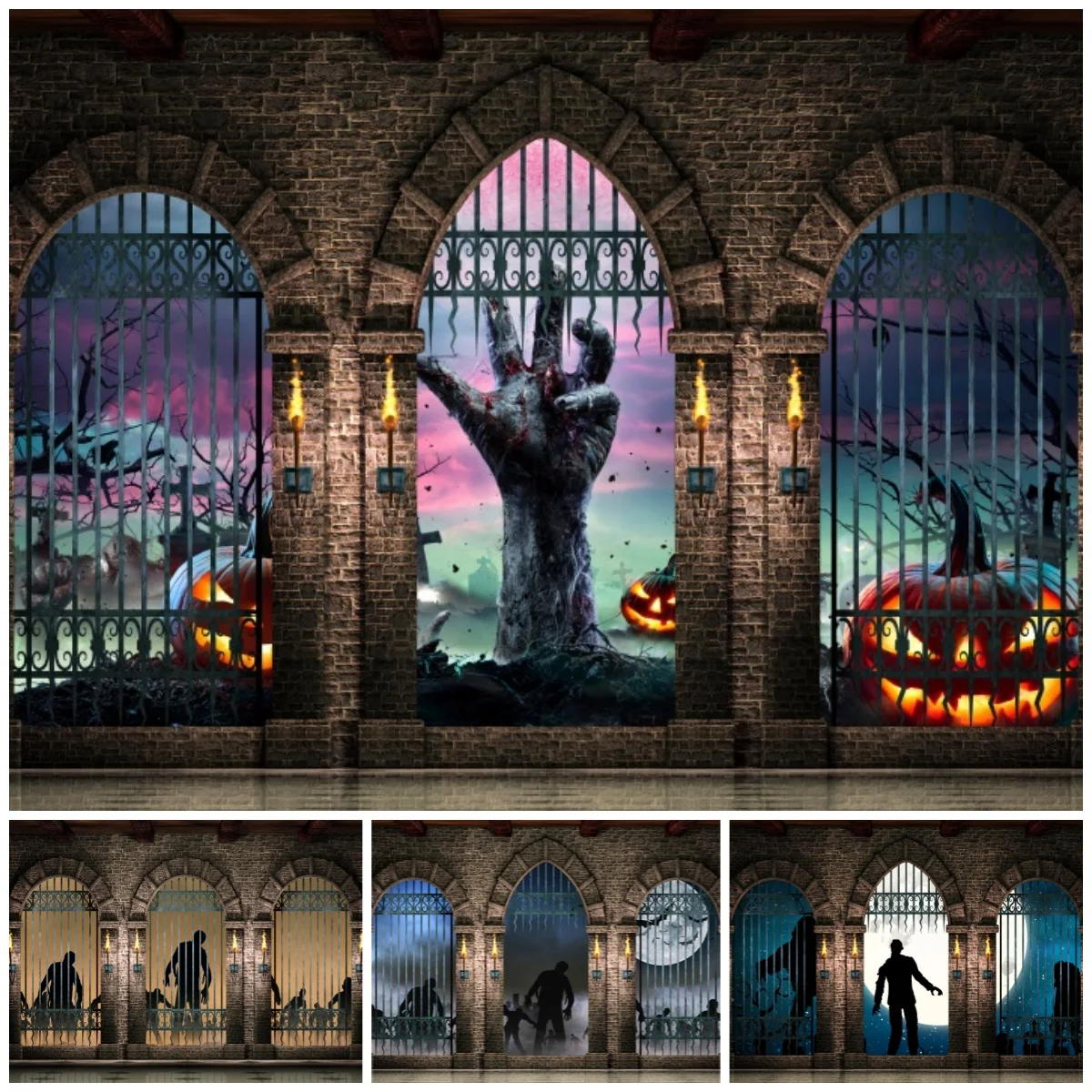 Medieval Castle Backdrop Halloween Decoration Brick Wall Iron Gate Pumpkin Graveyard Gothic Party Backgrounds for photographs