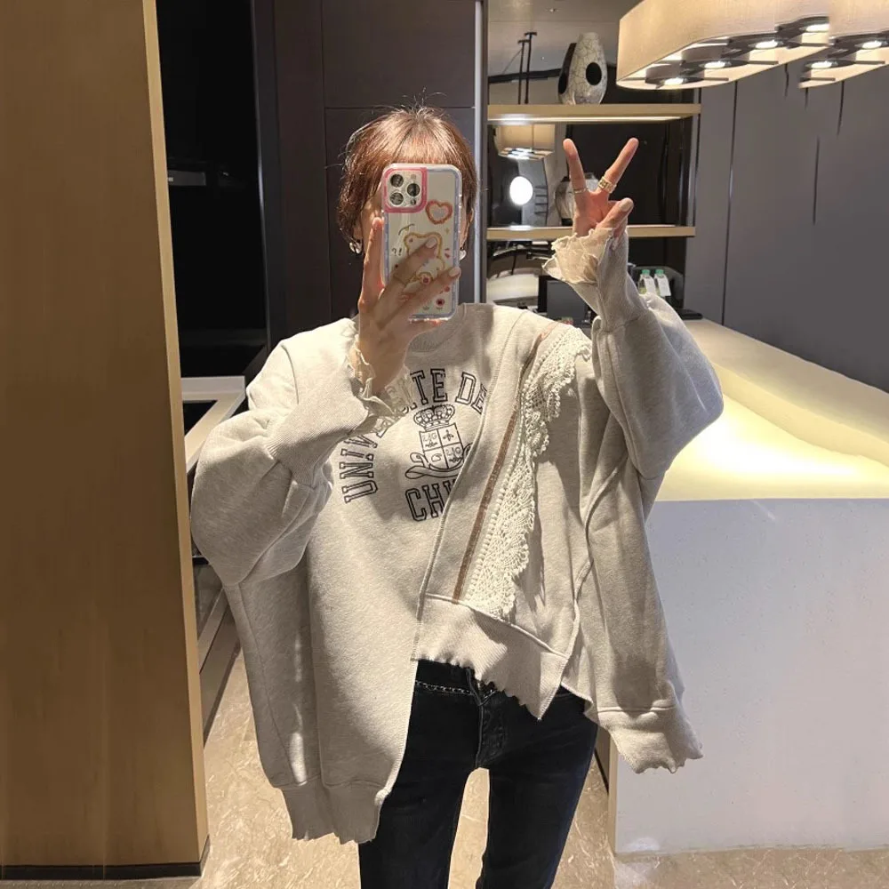 Korean Style Autumn Winter Sweatshirts Woman Clothing Sweet Lace Splice Irregular Pullovers Female Thicken Letter Print Hoodies