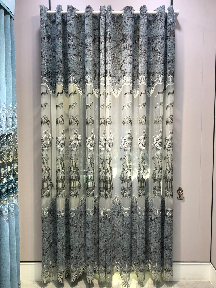 New Chinese High-end Blue Chenille Hollowed Out Embroidered Window Curtains for Living Room Bedroom Balcony Floor To Ceiling