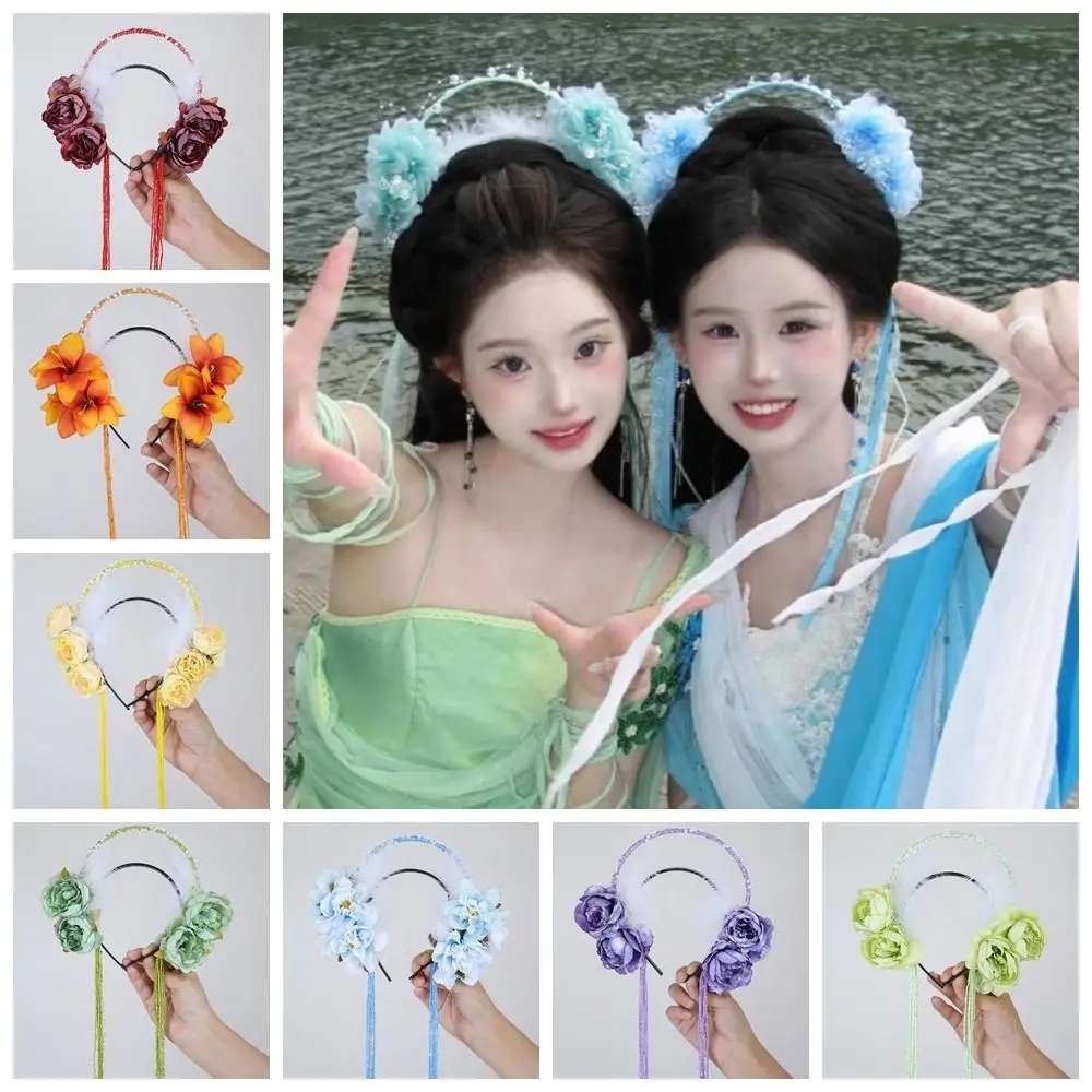 

Fashion Feather Flower Headband Seven Fairy Pearl Tassel Hair Hoop Cloth Ancient Hanfu Hair Accessories Girls