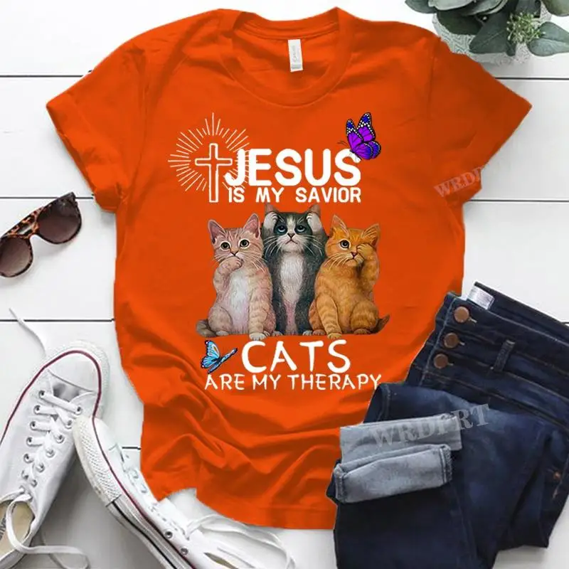 Jesus Is My Savior Cats Are My Therapy Print Women T Shirt Cat Lovers Jesus God Shirts Blouse Gifts For Christian&Cat Lovers