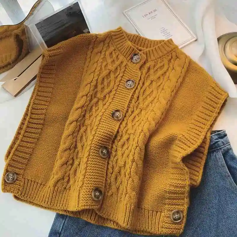 Chunky Cable Knit Sweater Vest Button Down V-Neck Sleeveless Crop Knit Top dla kobiet Teen-girl Casual Outfit