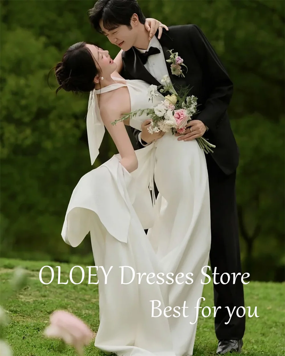 OLOEY-vestido de novia sencillo con cuello Halter, elegante vestido de novia sin mangas para sesión de fotos de Corea, hecho a medida