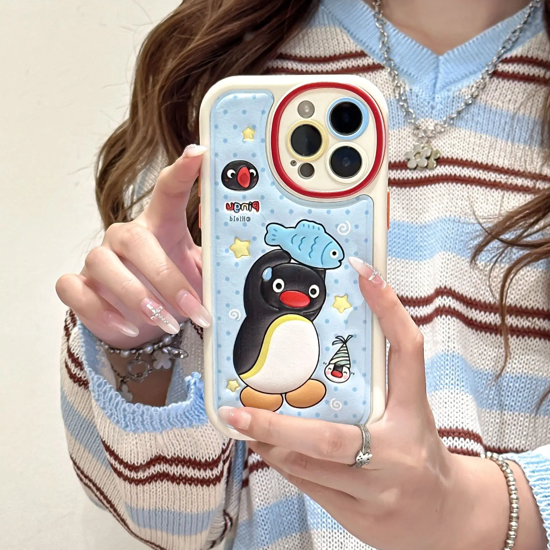 Cute Blue Fish Catching Penguin Bizarre Creative Skin Pattern Soft Shell Suitable for IPhone 16 Promax Pro15 Pro1413 Phone Case