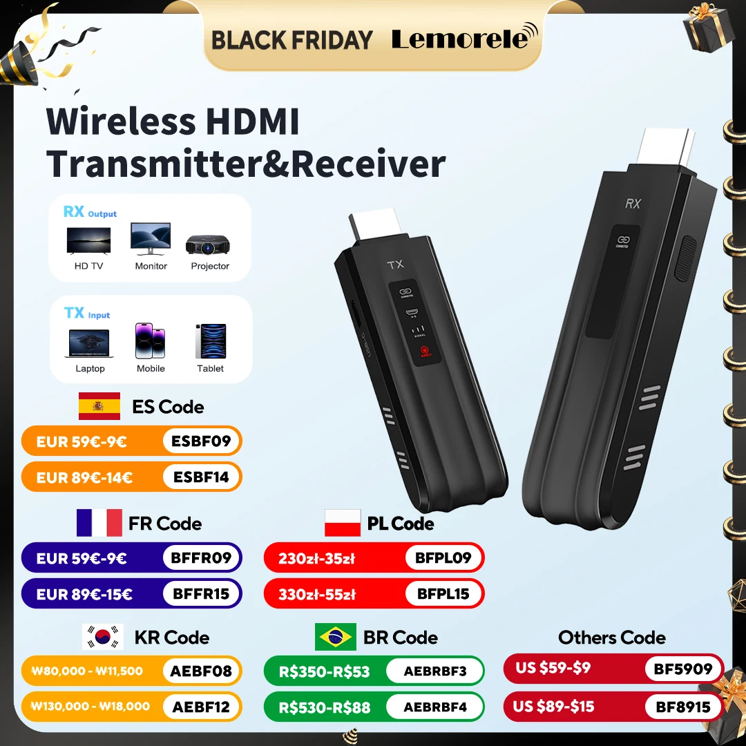 

Lemorele G132 50m Wireless HDMI Transceiver 1080P Video Transmitter Receiver Extender Kit for Laptop Camera TV Projector Monitor