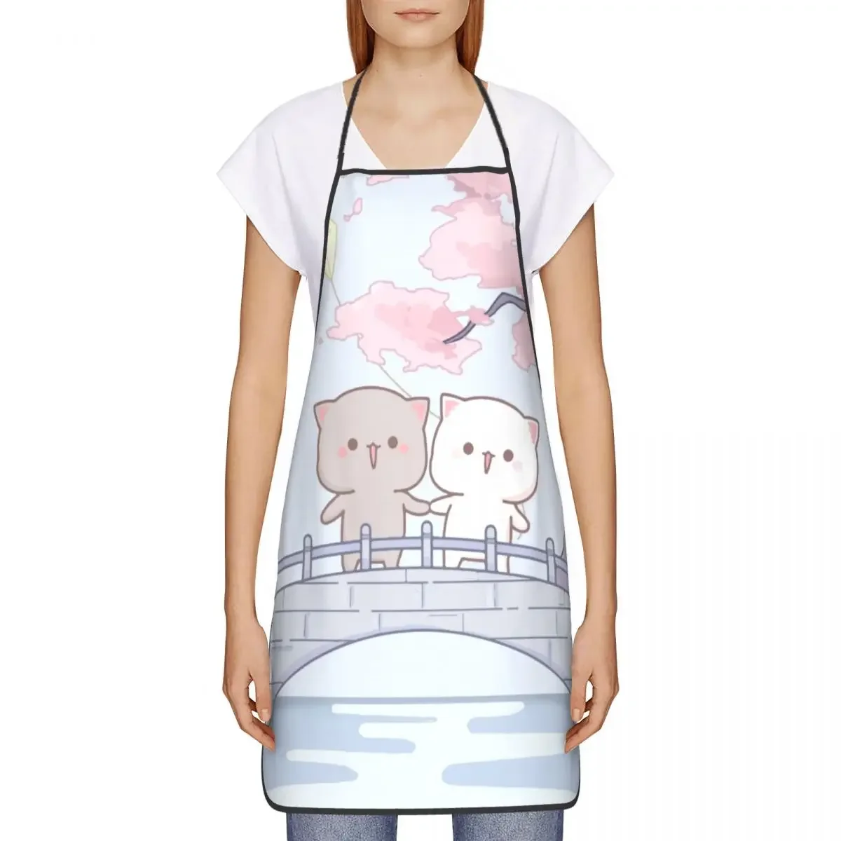 Romantic Peach And Goma Mochi Cat Apron for Women Men Unisex Bib Kitchen Cooking Tablier Cuisine Chef Baking