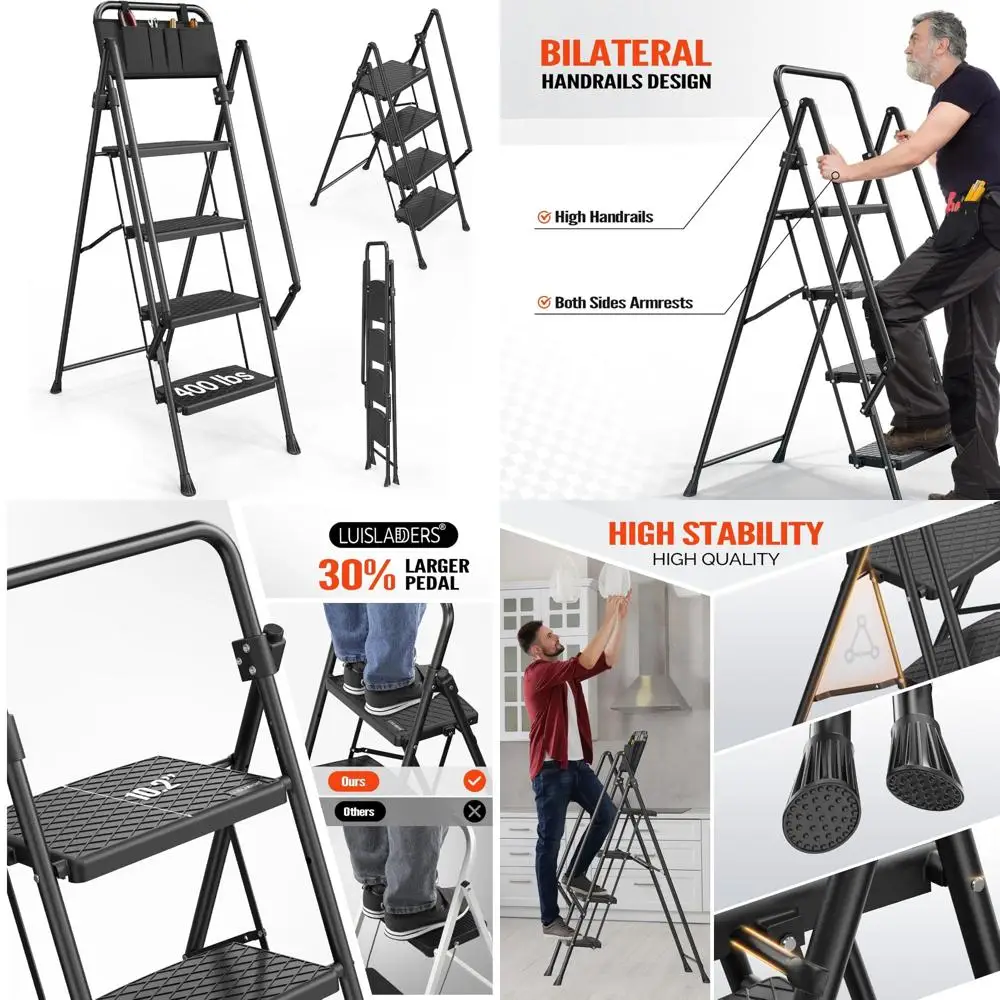 4-ступенчатая складная лестница с широкими противоскользящими ступеньками и поручнями, вместимость 400 фунтов.