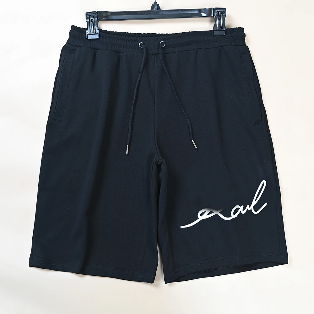 

K Mens Elastic Waist Shorts Letter Embroidery Knitted Cotton Summer New Style Belted Loose Fit Straight Leg Pants