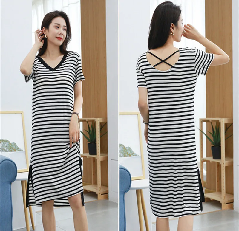 Fdfklak Nightdress Women Modal Summer Dress Striped Sexy Backless Chest Pads Loose Home Clothes Outside Wear Nightgowns Female