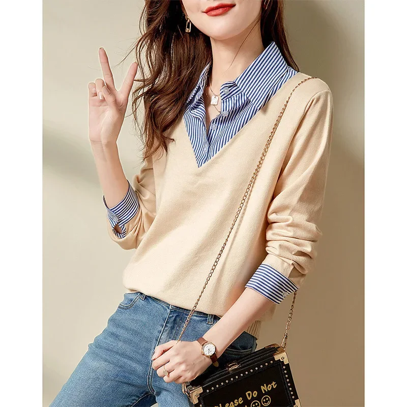 Women's Clothing Single Row Two Button Pullover T-Shirt Turn-down Collar Double Sided German Velvet Striped Shirt XQ651