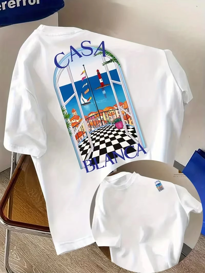 Camiseta con Estampado de Vista al Mar Estilo Casablanca para Adultos y Niños, Camiseta Casual Unisex de Algodón, Tops Gráficos para Vacaciones de Verano en la Playa