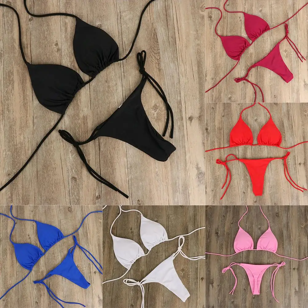 Effen Kleur Hangende Hals Stijl Veters Bikini Vrouwen Sexy Split Binding Driehoek Strandzwempak Geen Stalen Beugel Geen Borstkussen