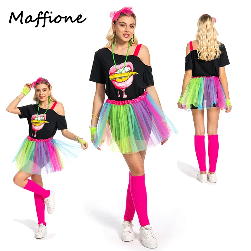 

7Pcs/Set 80S Women Retro Party Cosplay Costume Outfits Girls Vintage Colorful Dance Skirts For Stage Halloween Carnival Suit