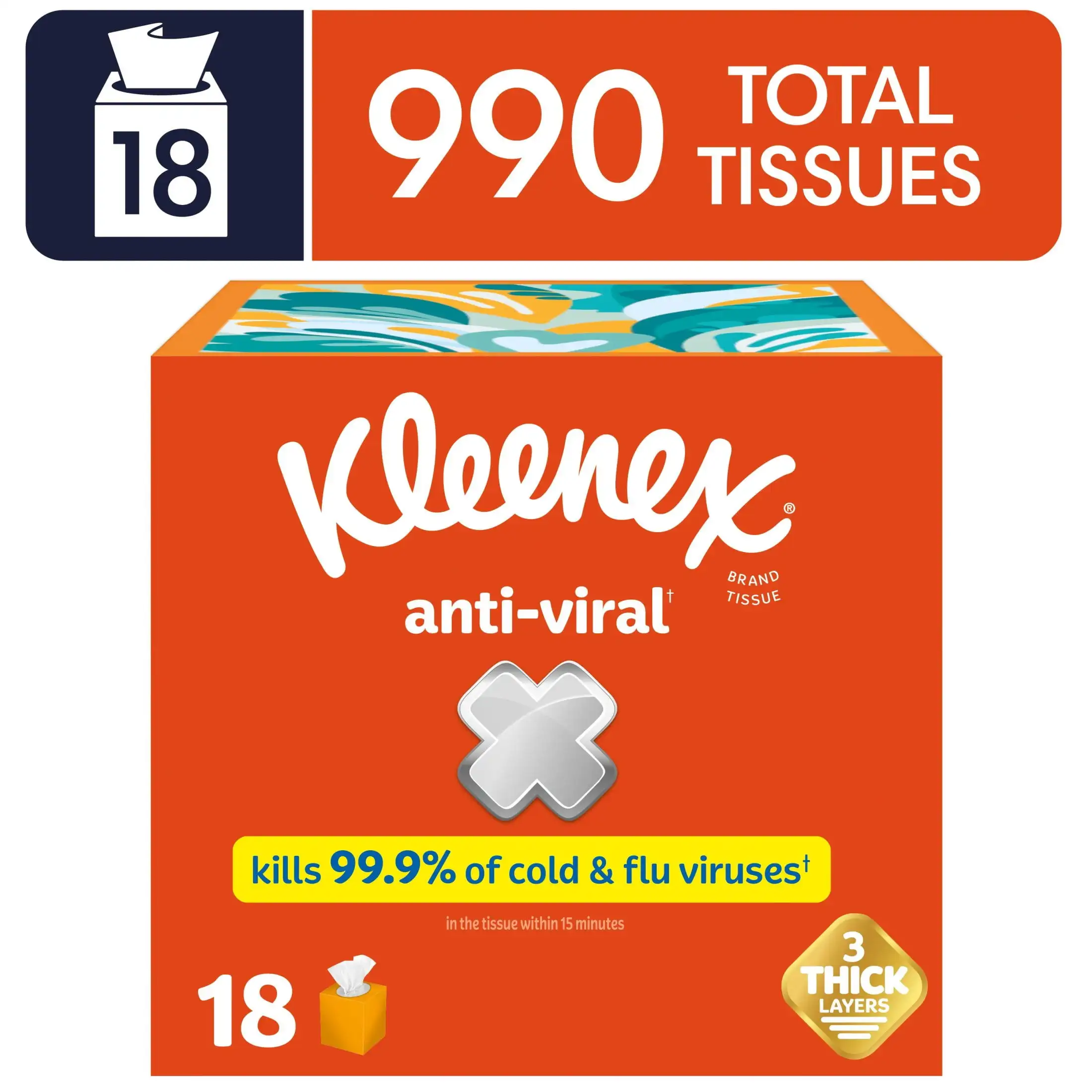 

Kleenex Anti-Viral Facial Tissues, 18 Cube Boxes, 55 Tissues per Box, 3-Ply