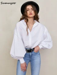 Sumuyoo Loose O-neck Women Stylish Shirts Tops Spring Summer Lantern Sleeve Single-breasted Female 100% Cotton Blouse Ladies Top