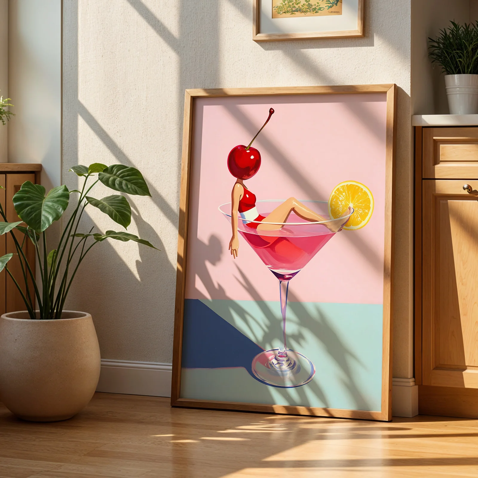 Wall Art, Plant Posters, Pink Martini Art Prints, Academic-style Beverage Canvas, Home Decoration, Living Room Aesthetic Design