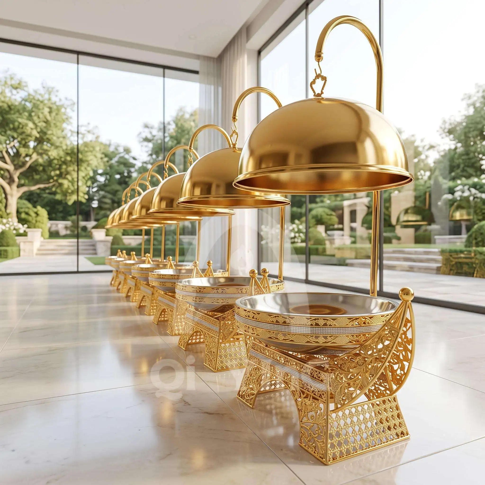 Luxury Royal Gold Insulated Pot 8L Stainless Steel Circular Buffet Insulator with Hanging Bracket, Suitable for Wedding, Hotel,