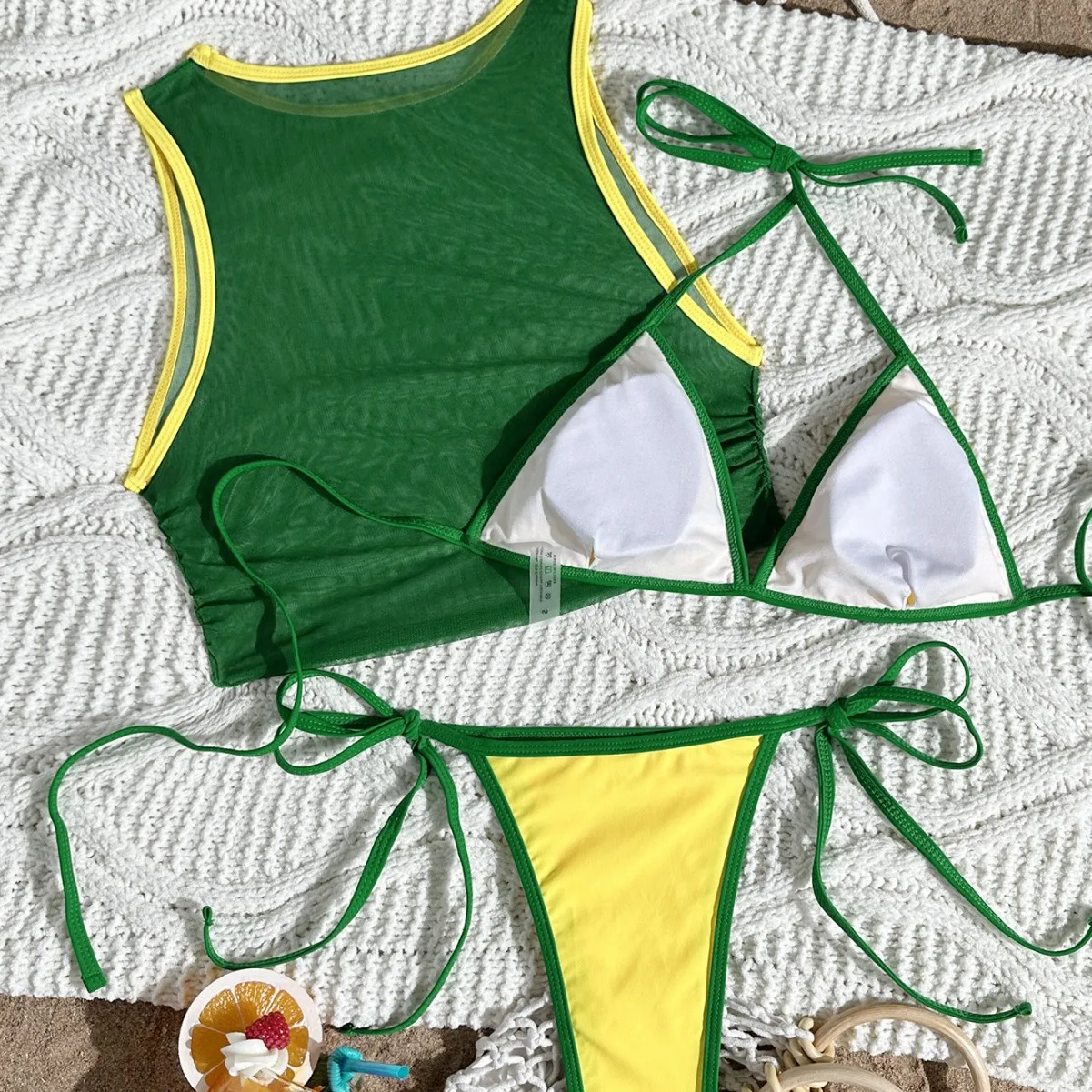 3Pcs Bikini Set With Mesh Cover Up Tank Top Halter Triangle Thong Swimwear 2026 Women's Color Block Beachwear Bathing Suit