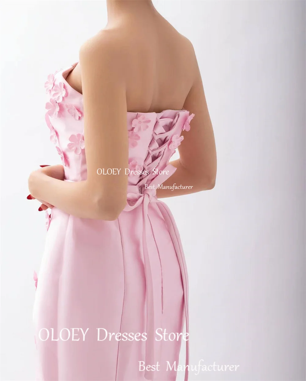 OLOEY-A Line vestido de cetim, Vestido sem alças com faixas, Sem mangas Corset Voltar, Prom Vestidos, Sweep Train, Pink Satin, 3D Flower, Vestido sem alças