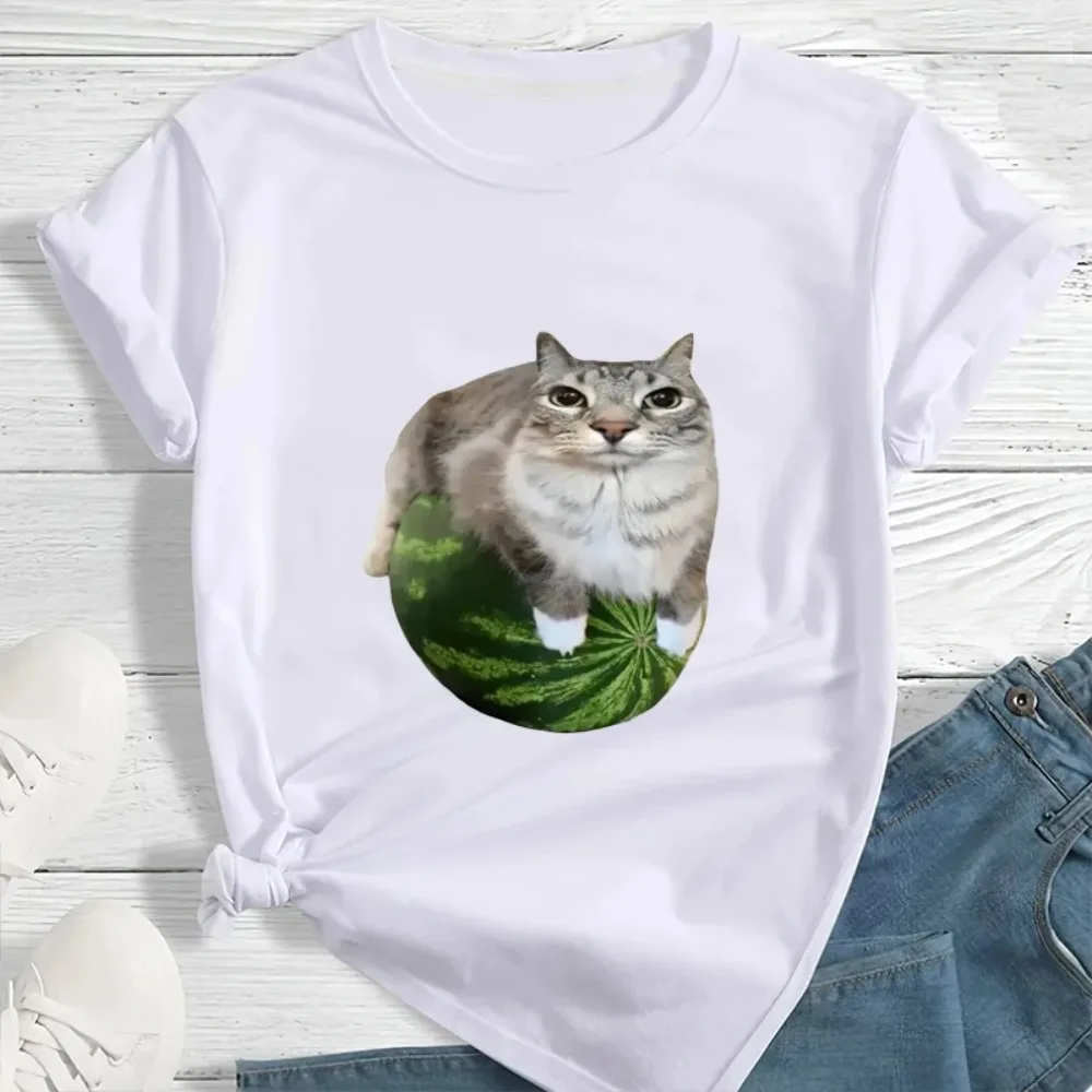 Funny T-shirt Watermelon Cat Silly Cat Meme T-Shirt A Hilarious Watermelon Print Female Clothing Is A Stylish Top Women Clothes
