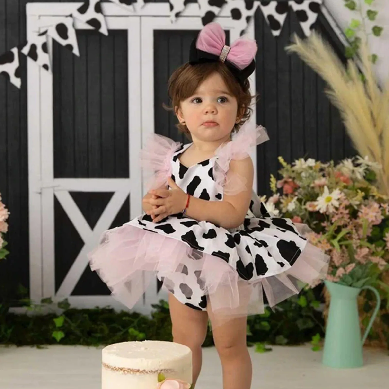 0-4Y Toddler Baby Girls Romper Dress Infant Cow Print Tulle Clothes Newborn Sleeveless Tutu Dresses Party Performance Outfits