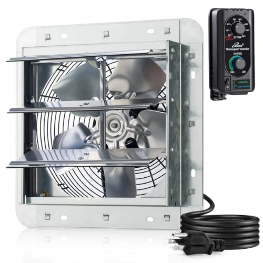 

10" Wall Mounted Shutter Exhaust Fan, Automatic Shutter, with Thermostat and Variable Speed controller, 65W, 820 CFM, 1200 SQF