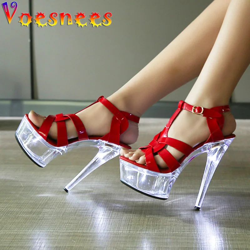 2023 New Transparent Platform High Heels Women\'s Nightclub Steel Pipe Dance Shoes Glowing LED Light Flash Party Sandales Black