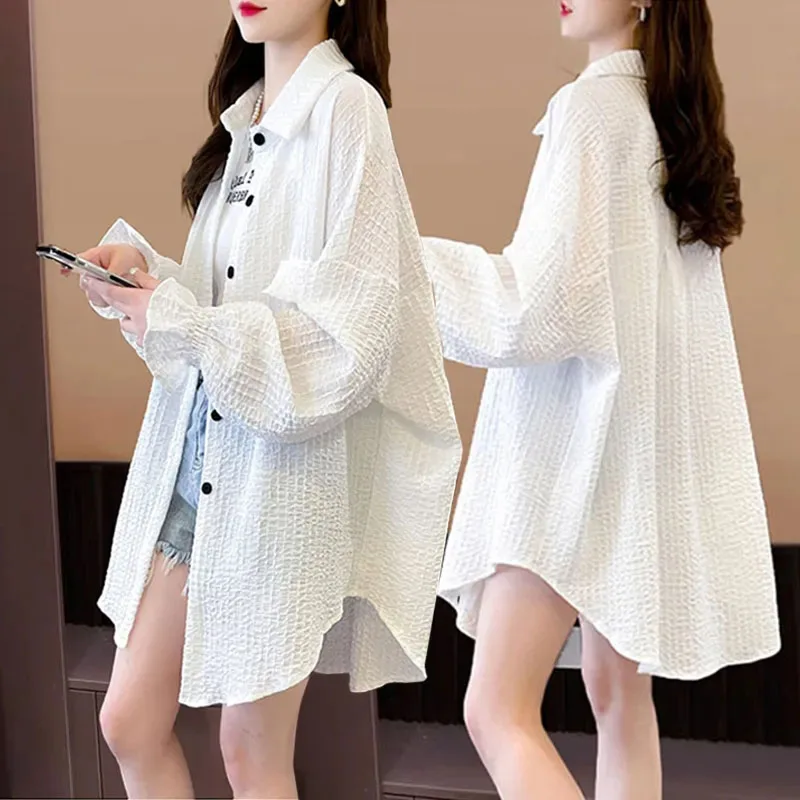 

Women Korean Loose Shirt, Sun Protection Clothing, Long Cardigan Blouse, Female Thin UV Protection Outerwear, Large Size, Summer