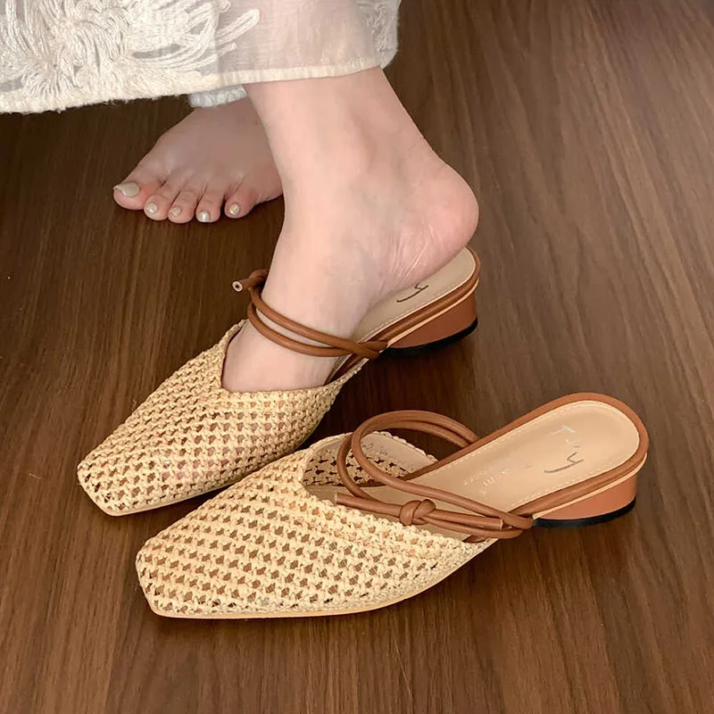 2024 Mesh Summer New Women Slip On Sandals Fashion Cane Weave Ladies Mules Shoes Square Low Heel Outdoor Casual Slipper Mujer