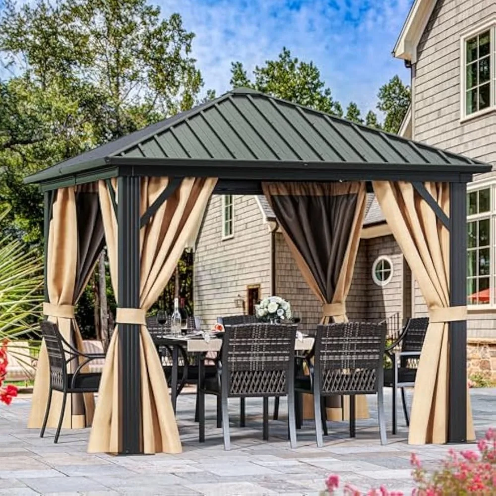 

10X10FT Metal Hardtop Gazebo, Outdoor Patio Single Top Canopy Galvanized Iron Aluminum Column, Garden Tent Curtains Netting